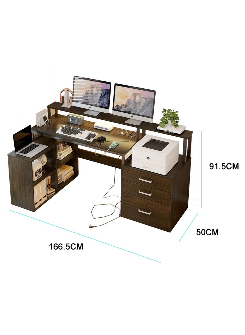 مكتب كمبيوتر على شكل حرف L مع محطة شحن وحامل شاشة وأدراج ورف كتب وسطح مكتب كبير ومكتب منزلي مع خزانة طابعة ومحطة عمل زاوية للمكتب المنزلي والدراسة والألعاب، خشب الجوز، YN125 - Image 2
